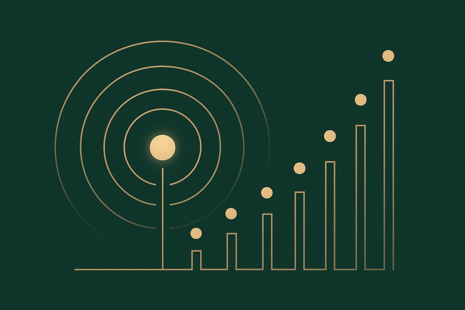 Minimalist deep-green editorial illustration of one message node broadcasting to many receivers, with the fan-out arcs forming a rising cost curve.