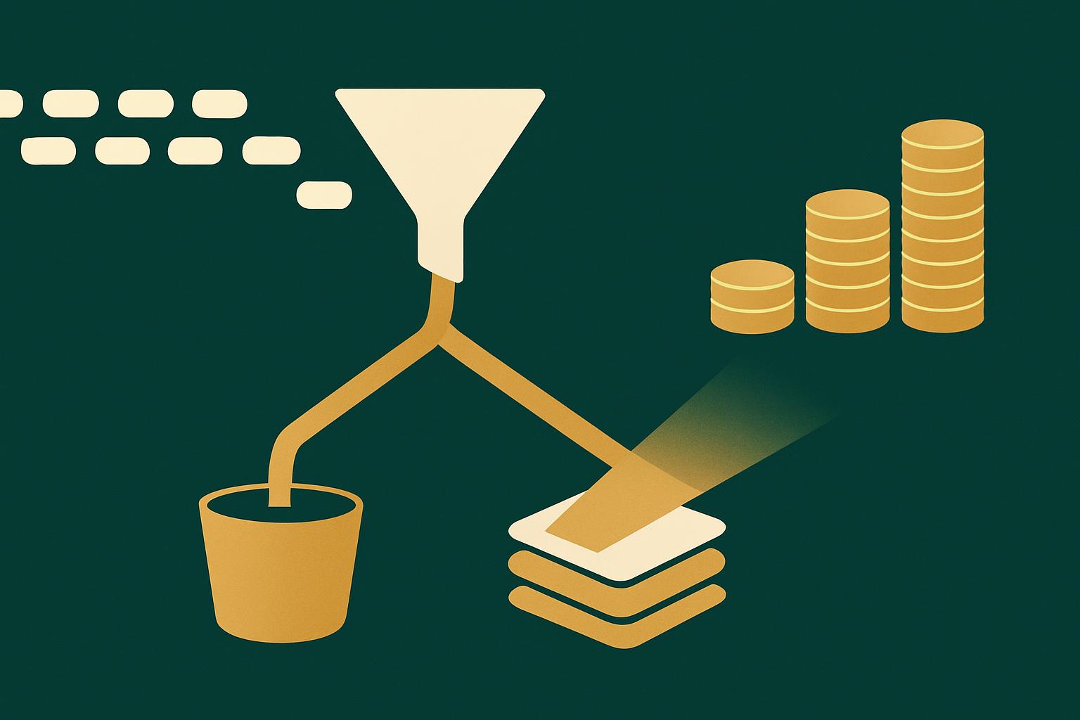 Cream event stream flowing through a funnel that splits into a data-ingest bucket and a query beam, feeding rising gold coin stacks, on a deep green background