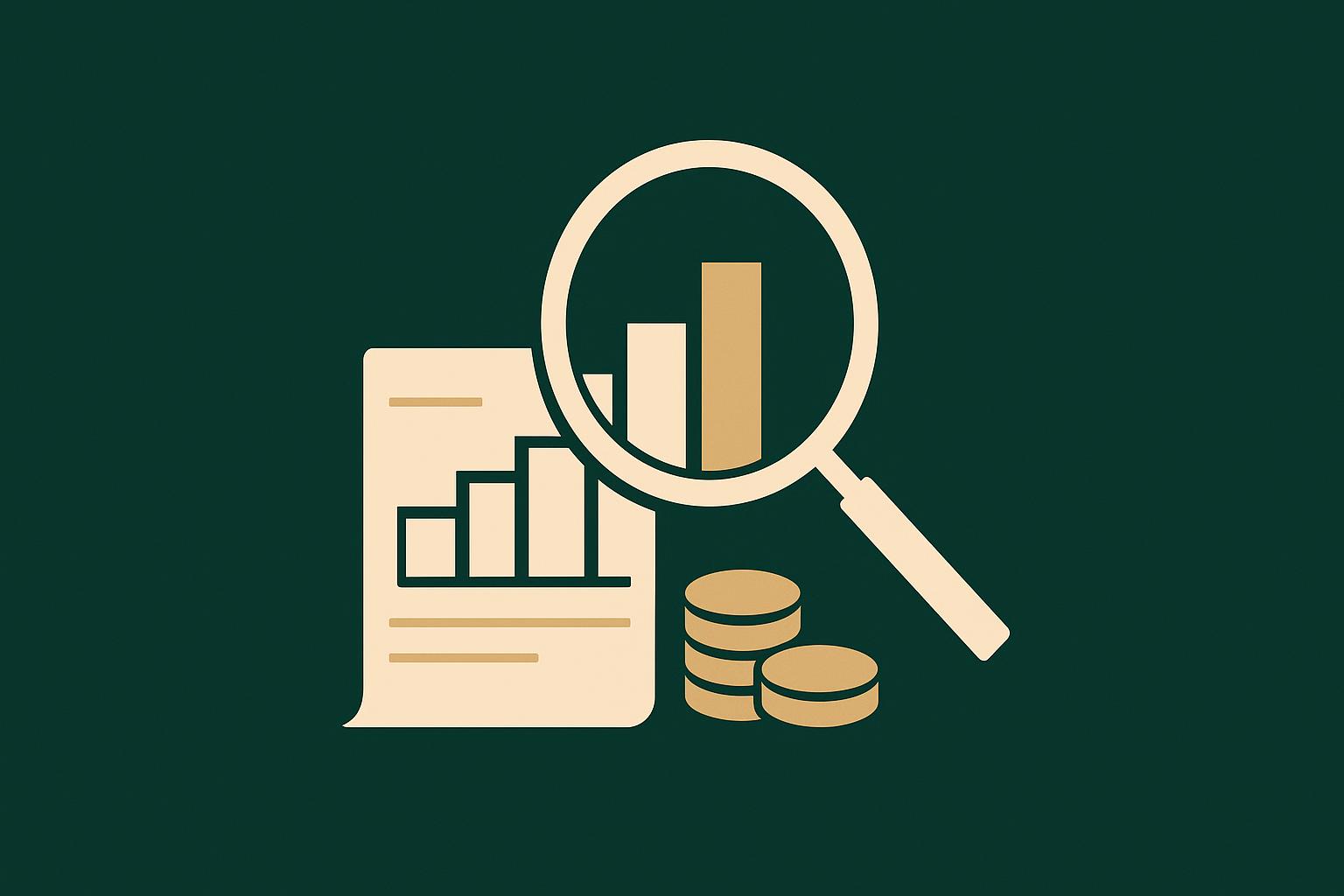 Magnifying glass over an ascending-bar invoice ledger with coins, deep green background