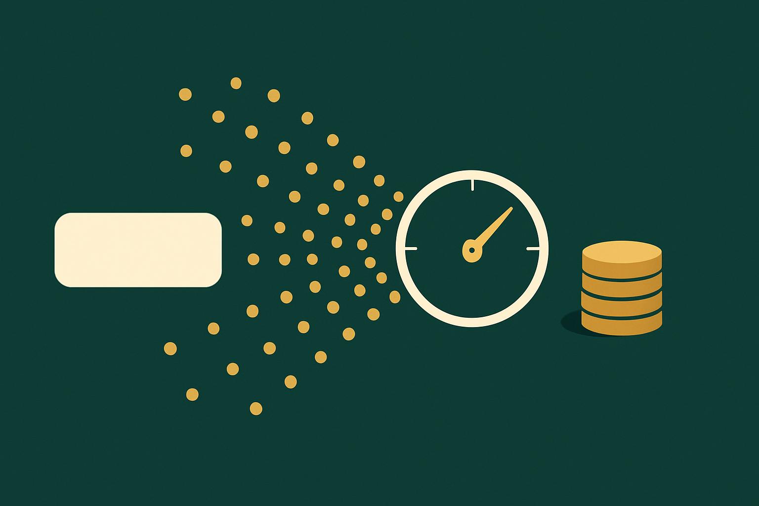 Illustration of one cream test row fanning into many gold scoring dots passing through a meter dial into a stack of gold coins, on a deep forest-green background.