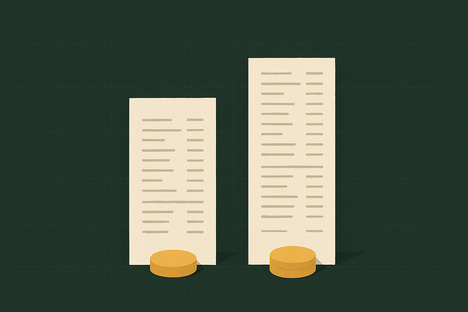 Minimalist side-by-side cost columns on a deep forest-green background with a gold accent and a faint grid.