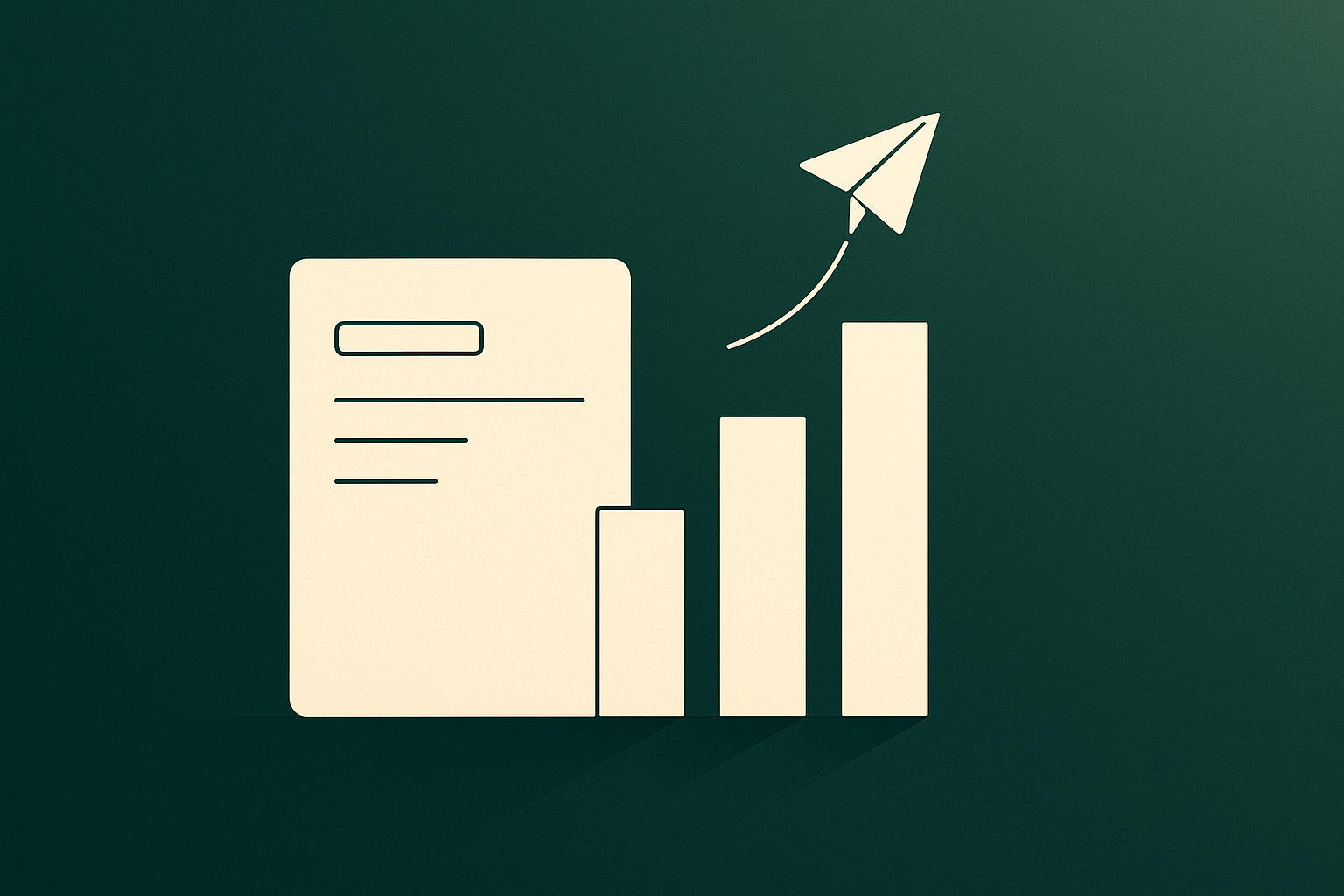Deep green minimalist illustration of an invoice card beside three ascending cost bars with a rising paper plane, representing Fly.io monthly cost tiers
