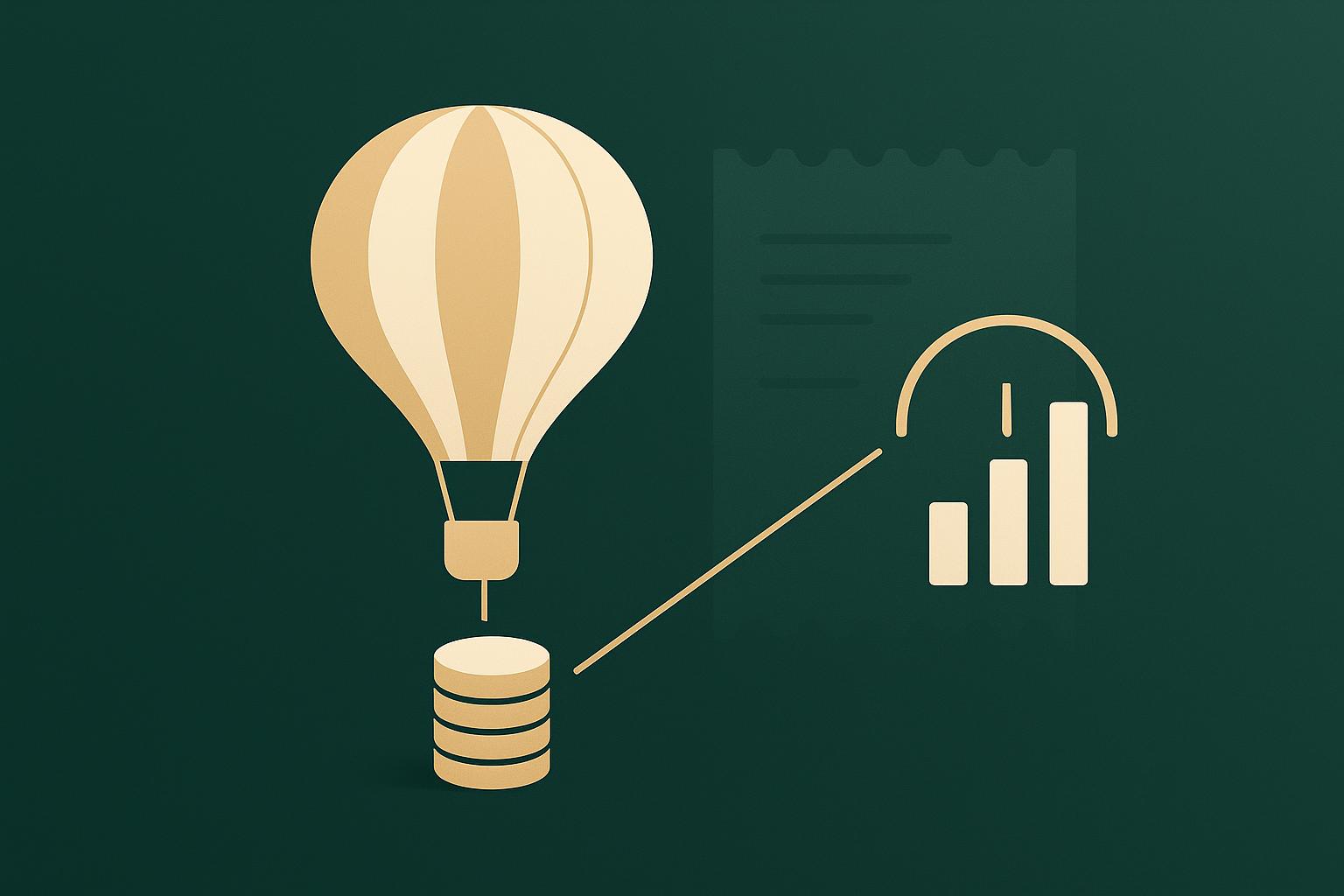 Abstract deep-green illustration of a balloon ascending past a rising cost gauge and a stack of coins, representing usage-based cloud pricing