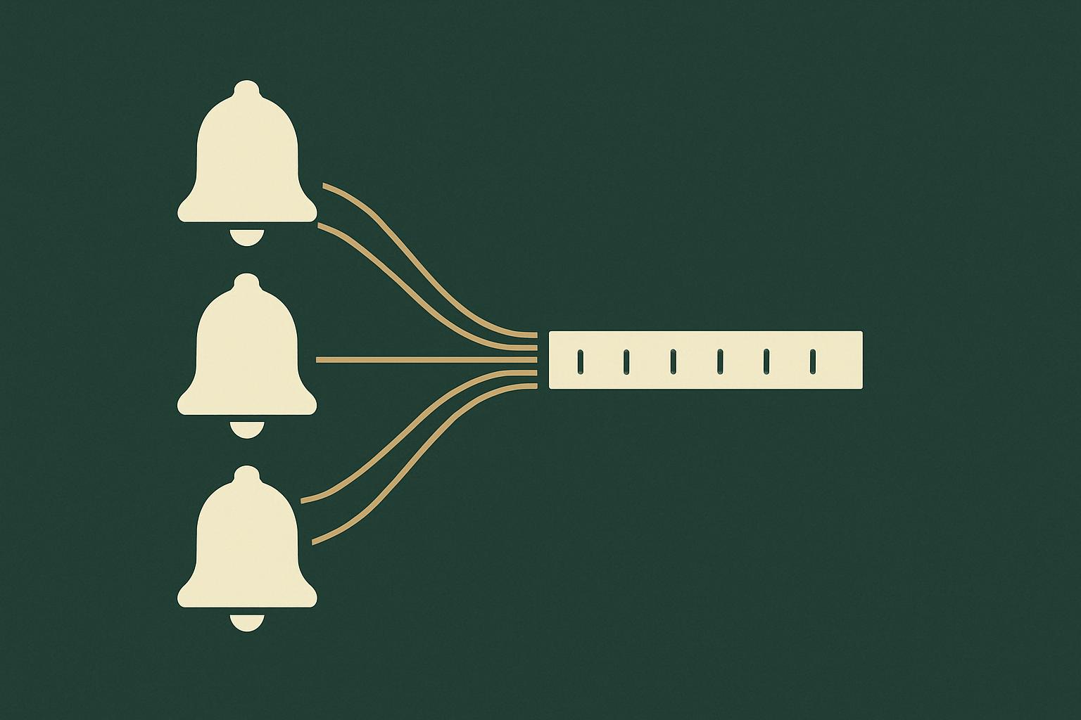 Notification fan-out to three channels feeding a metered ledger, deep green and gold