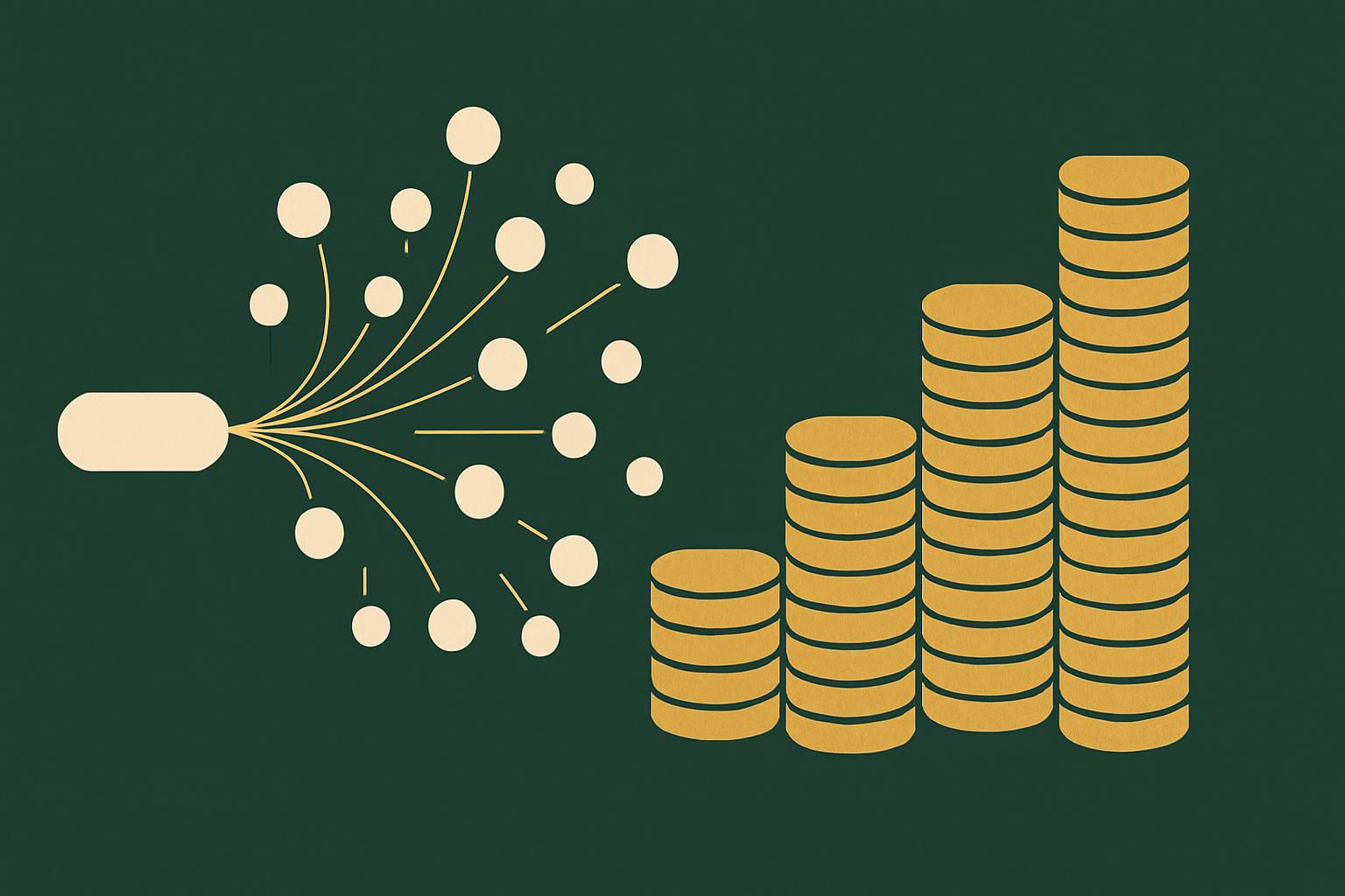 Flat illustration of one trace fanning into many small billable units feeding a rising stack of gold coins
