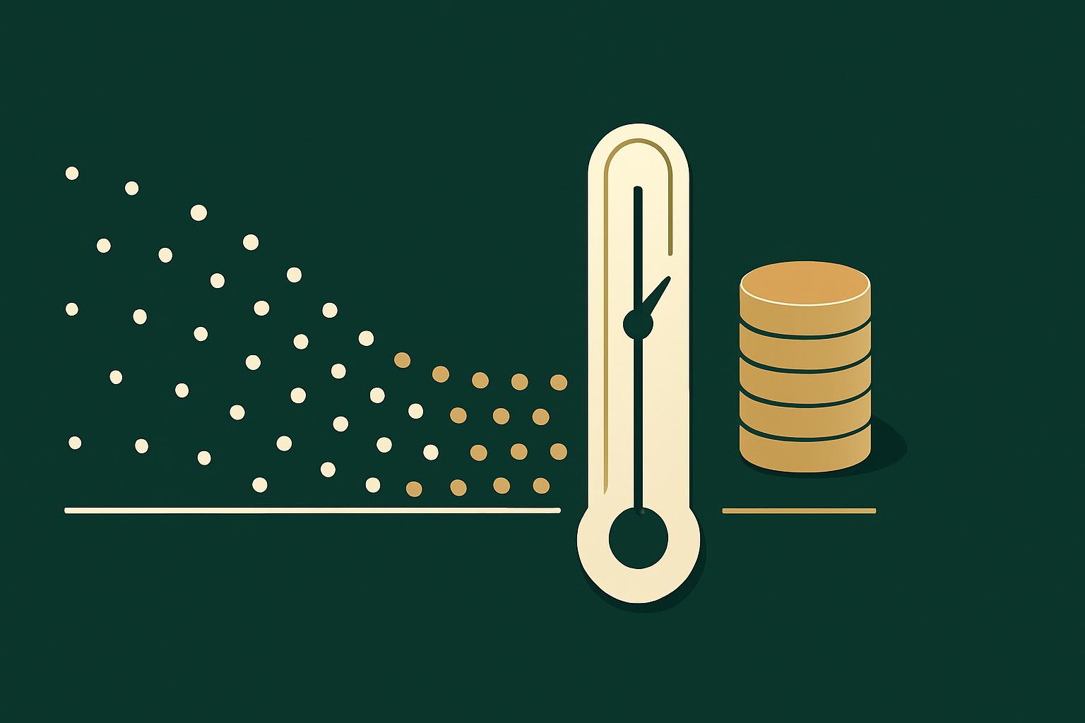 Minimalist deep-green illustration of a stream of event dots crossing a free-tier threshold and turning gold beside a metering gauge and a rising coin stack.