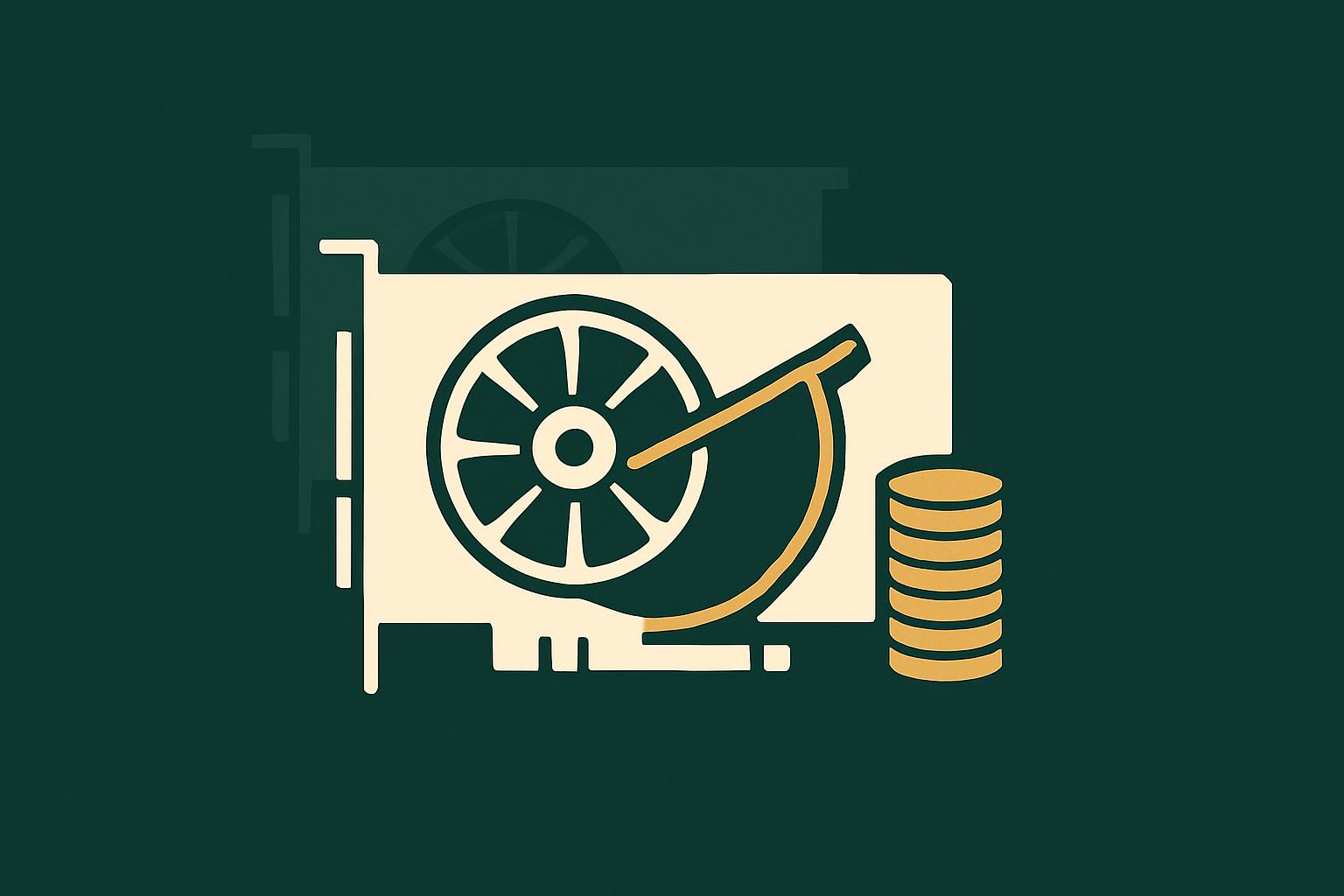 Minimalist illustration of a cream GPU card with a gold stopwatch hand sweeping across it and a stack of gold coins, on a deep green background, showing GPU compute metered by the second.