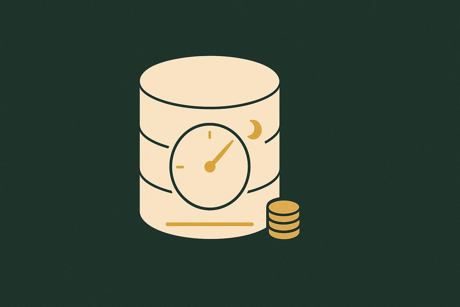 Minimalist illustration of a cream database cylinder with a gold stopwatch hand and a crescent-moon sleep glyph, a gold usage-meter bar, and a stack of gold coins on a deep green background, showing Postgres compute metered by the hour with scale-to-zero.
