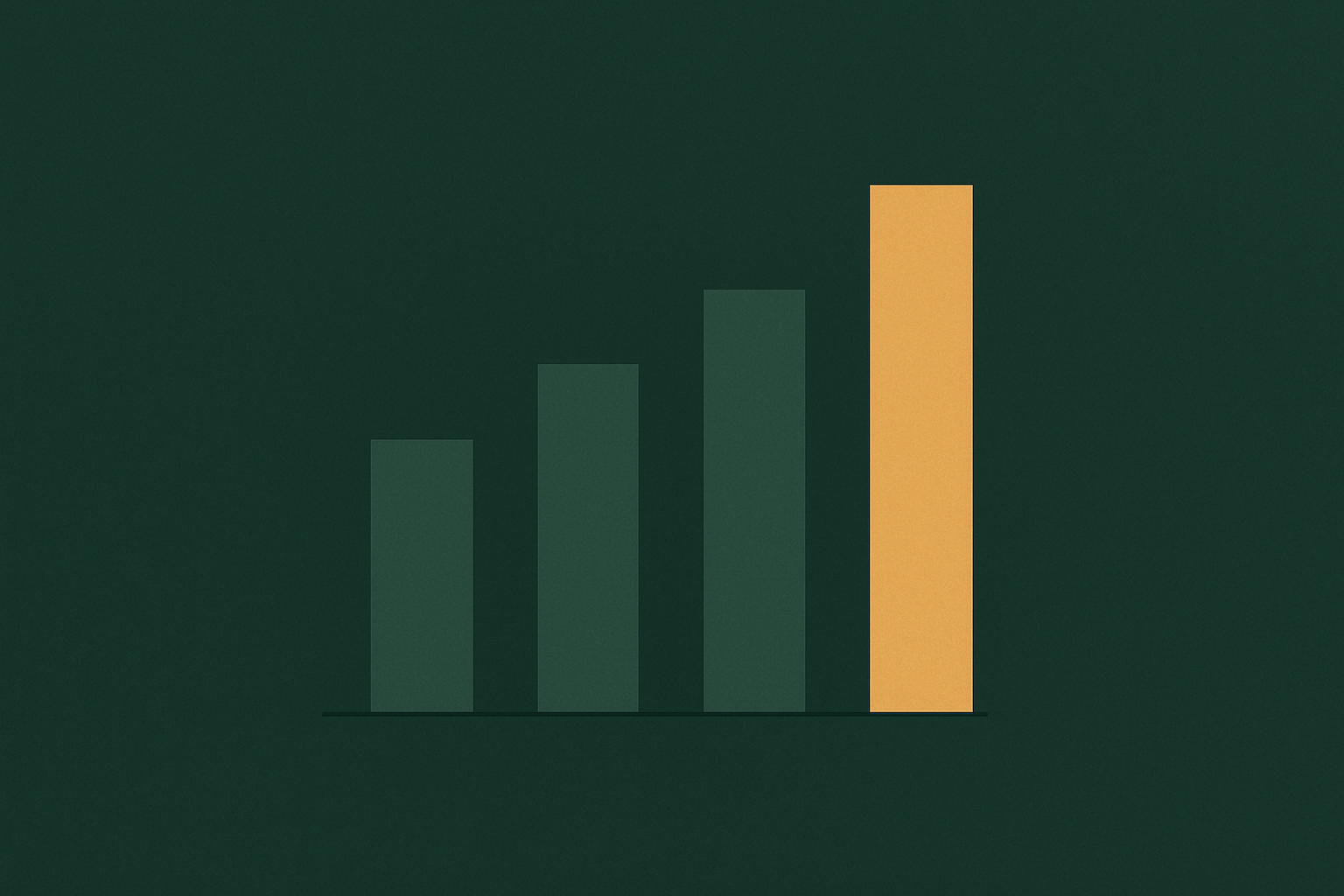 Minimalist bar chart of four rising cost bars on a deep forest-green background with a gold accent bar.