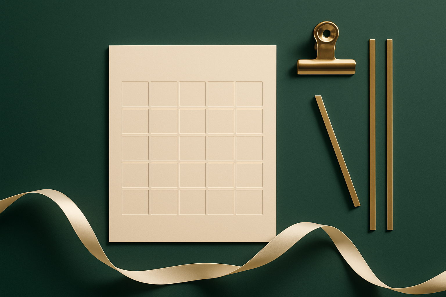 A cream card embossed with a blank month grid on a deep green surface, beside a brass clip and rules, with a cream ribbon curving below.