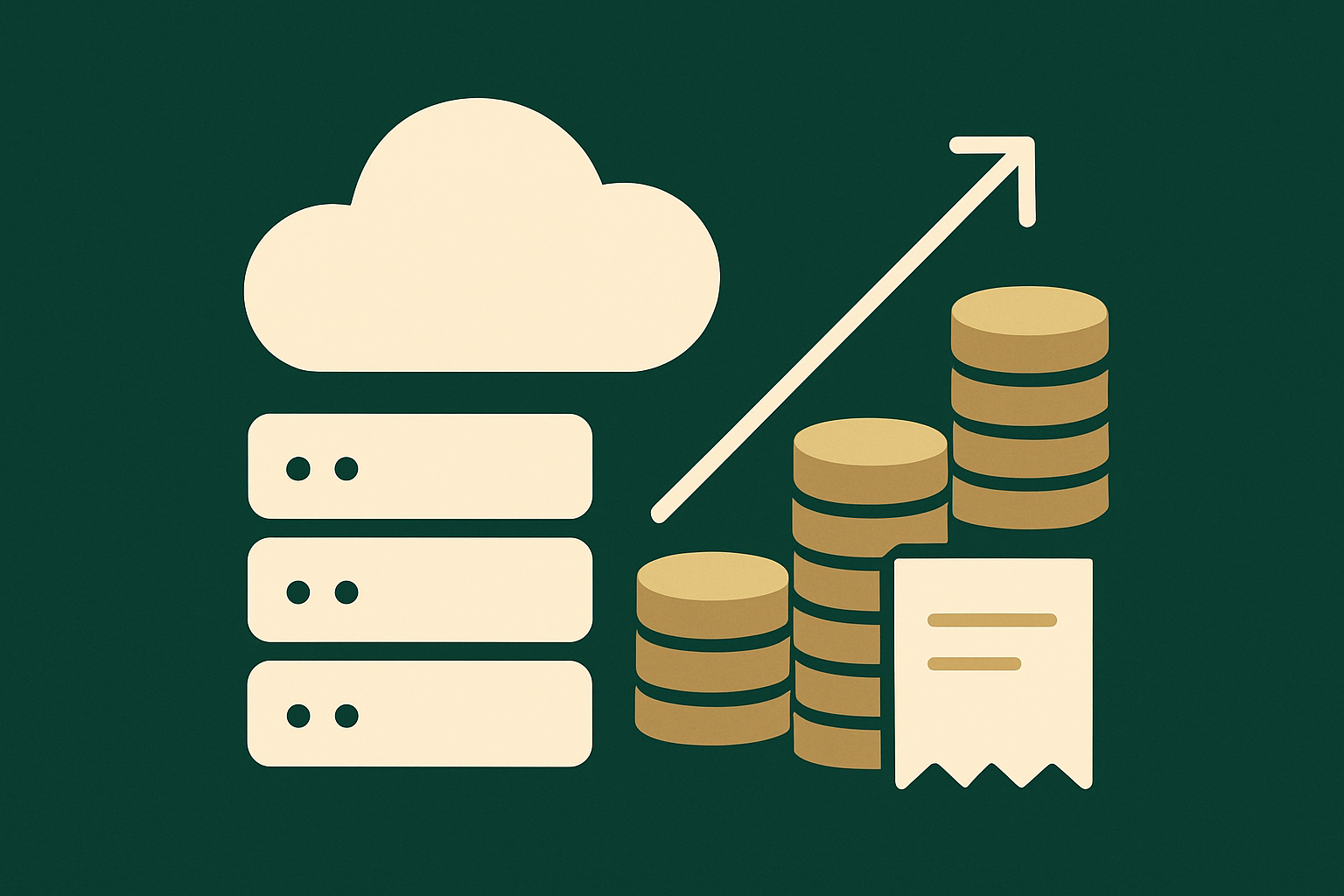 Abstract deep green illustration of server racks merging into an ascending bar chart of coins, representing serverless compute costs