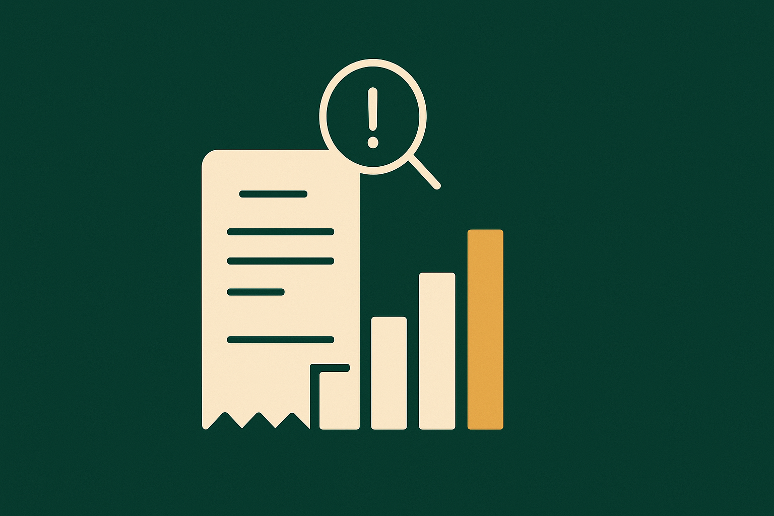 Cream itemized receipt with a torn edge beside rising usage bars and a magnifier with an alert icon, on a deep green background