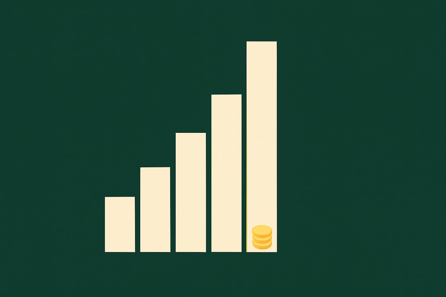 Abstract cream bar chart rising left to right against a deep forest green background, a small starting cost growing into a much larger monthly bill