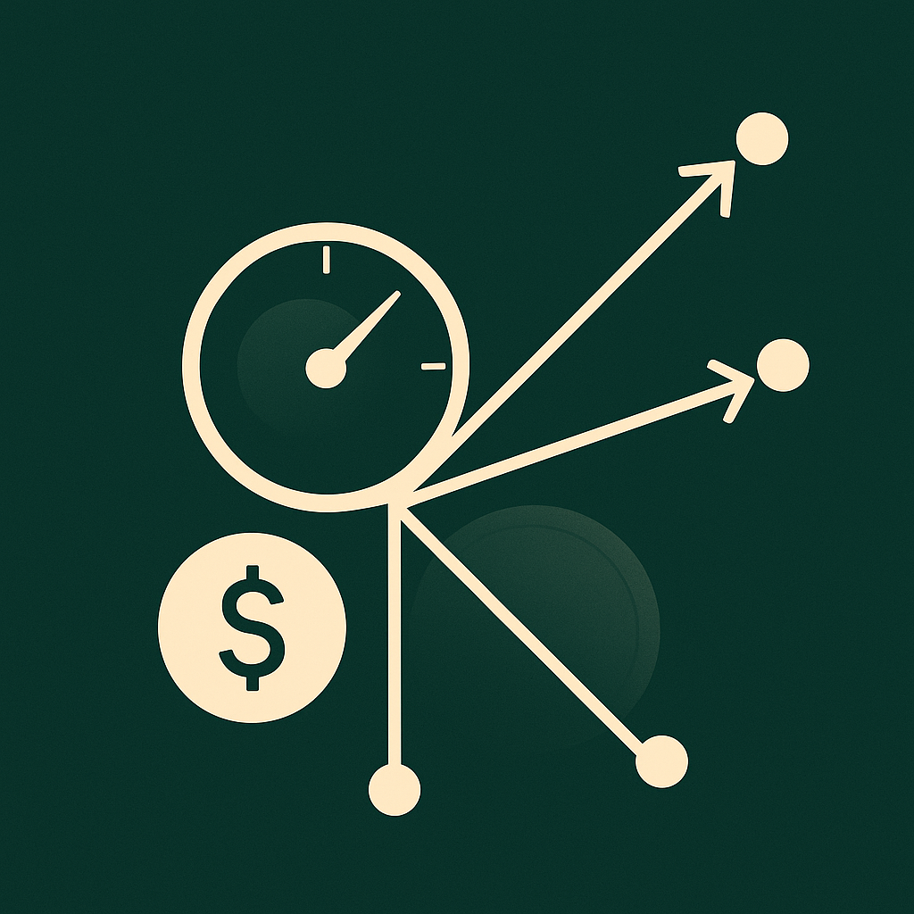Minimalist deep-green editorial illustration of arrows fanning out from a node through a metered gauge dial, representing metered webhook delivery pricing.