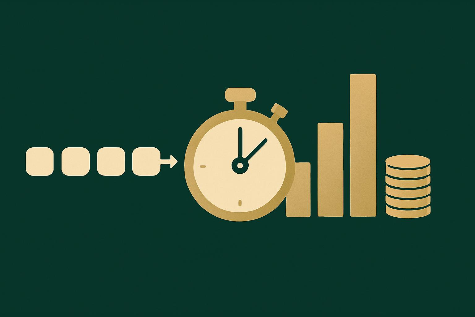 Cream task blocks flowing into a gold stopwatch and rising bars, on a deep green background, representing metered compute cost