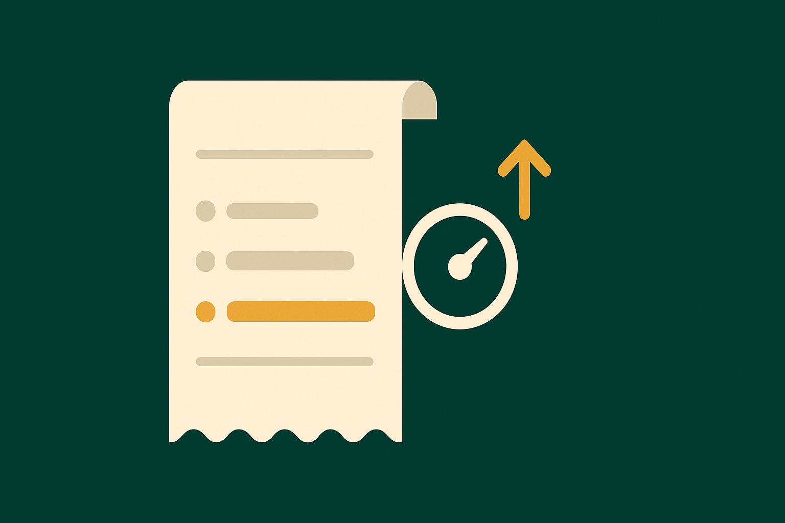 Cream receipt on a deep green background showing three cost lines of increasing length beside a token meter and a rising cost arrow