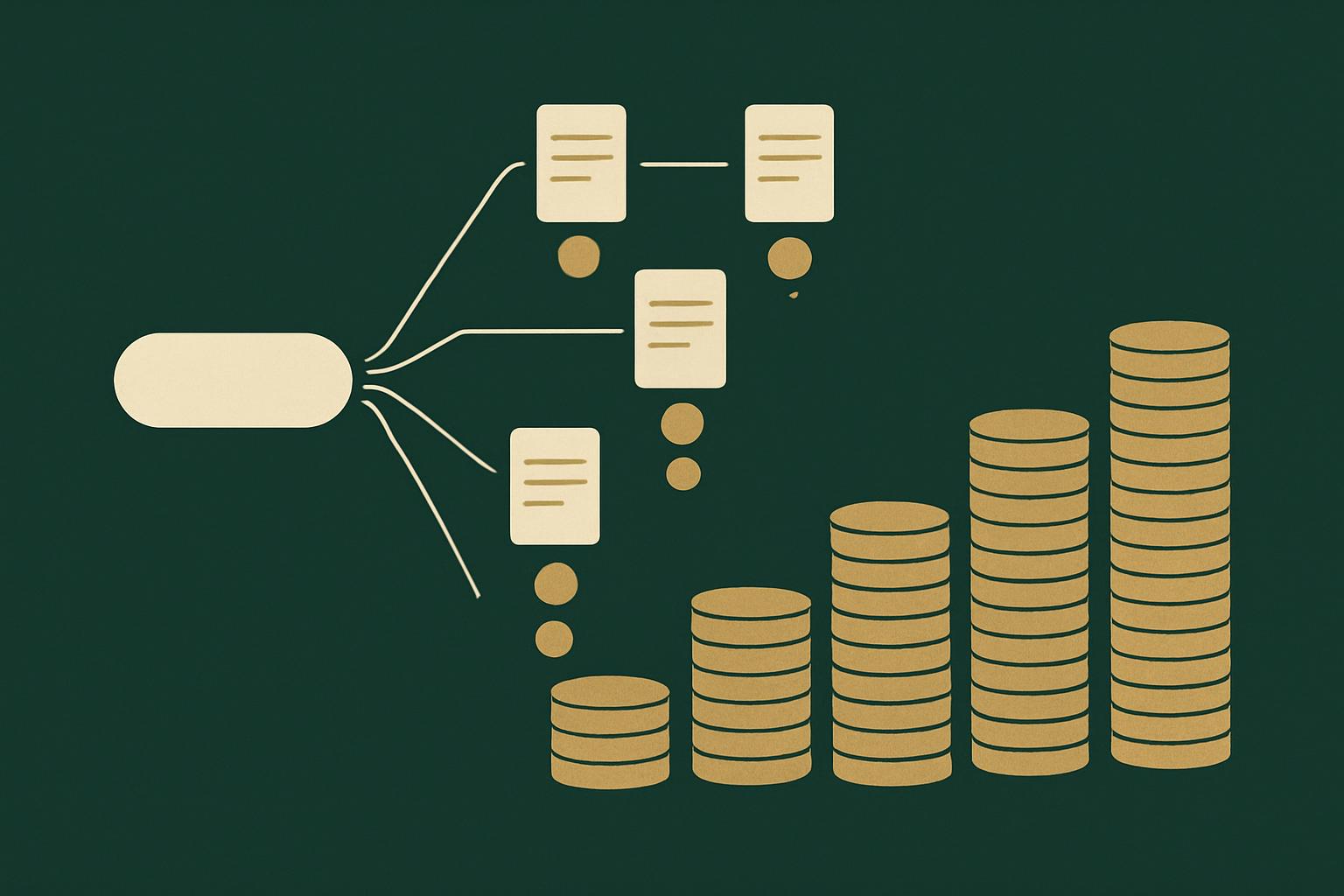 Deep green illustration of one function call fanning into document cards, each dropping a gold coin onto a rising stack, representing Convex per-document billing