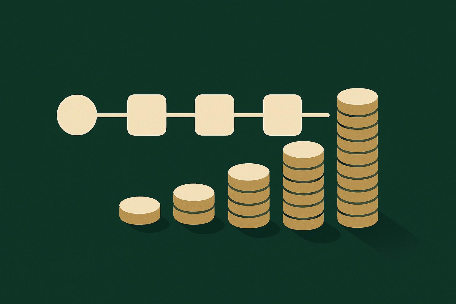 A workflow step-chain feeding a rising stack of gold coins, on a deep green background, illustrating Inngest per-step billing.