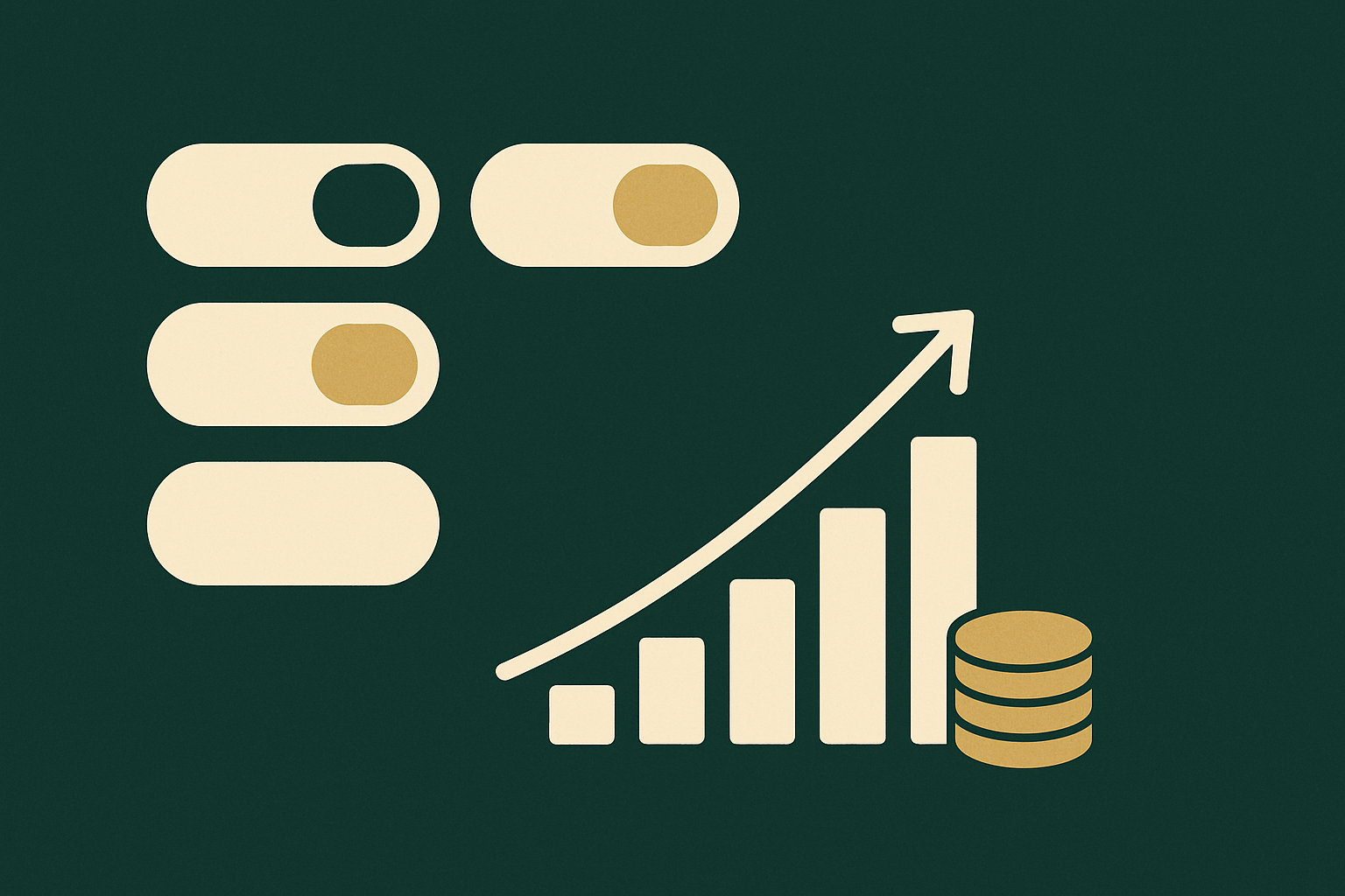 Minimalist deep-green editorial illustration of feature-flag toggle switches beside a rising bar chart and a stack of gold coins, evoking a climbing usage-based bill.