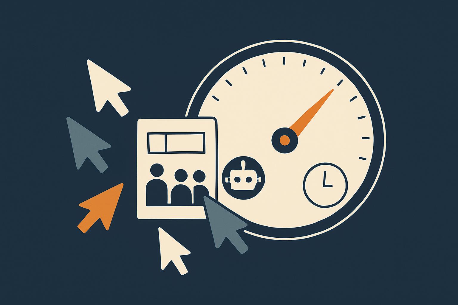 Minimalist deep-navy editorial illustration of a rising usage meter dial with multiplayer cursor arrows and a small AI agent icon converging on one shared room, showing collaboration minutes ticking up.