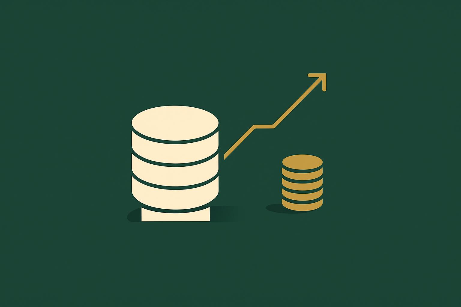 Cream database cylinder beside a rising gold cost arrow and coin stack on a deep green background, illustrating MongoDB Atlas costs climbing as they scale