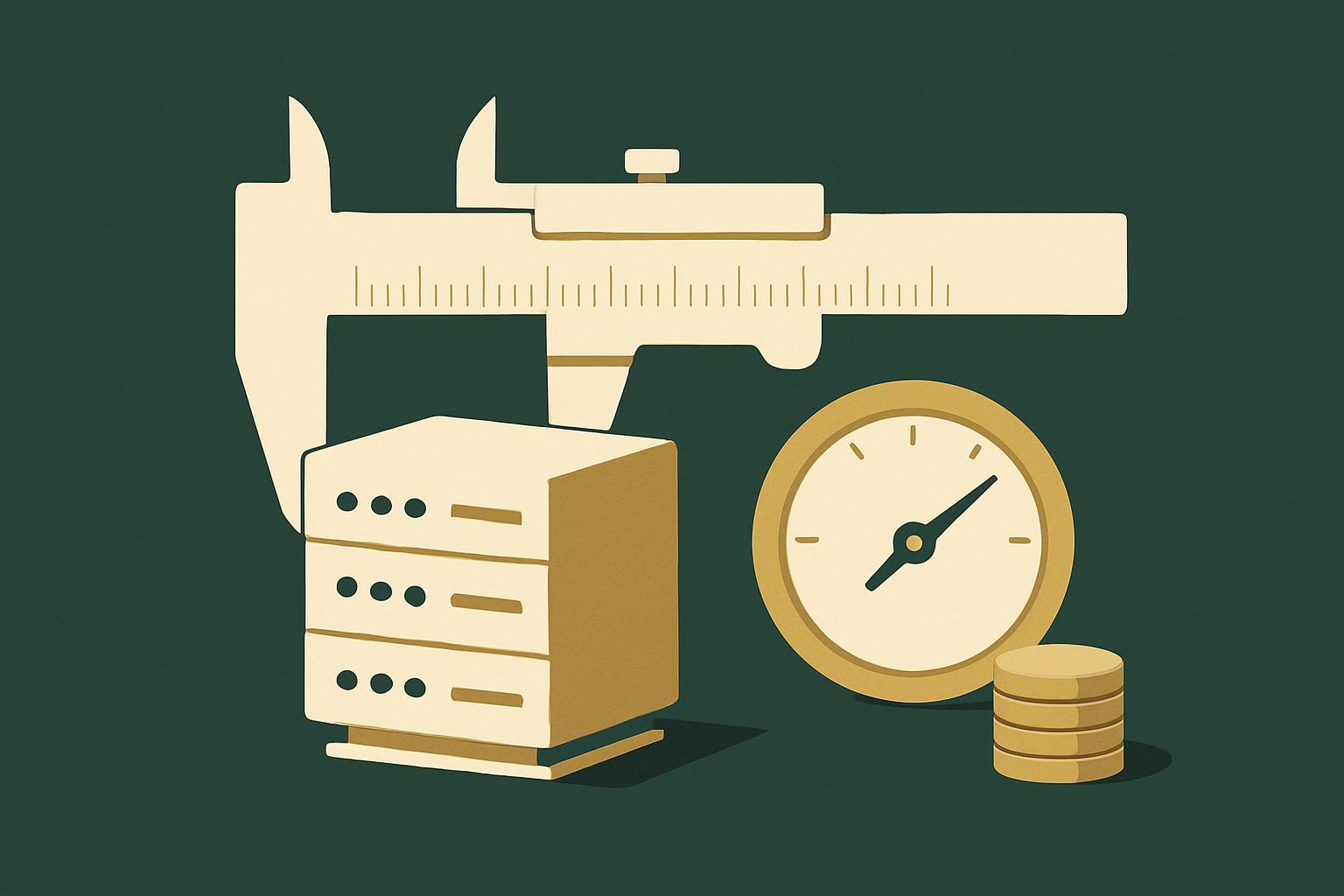 Flat illustration of a caliper measuring a server block beside a gauge dial and a stack of gold coins, in deep green, cream, and gold.