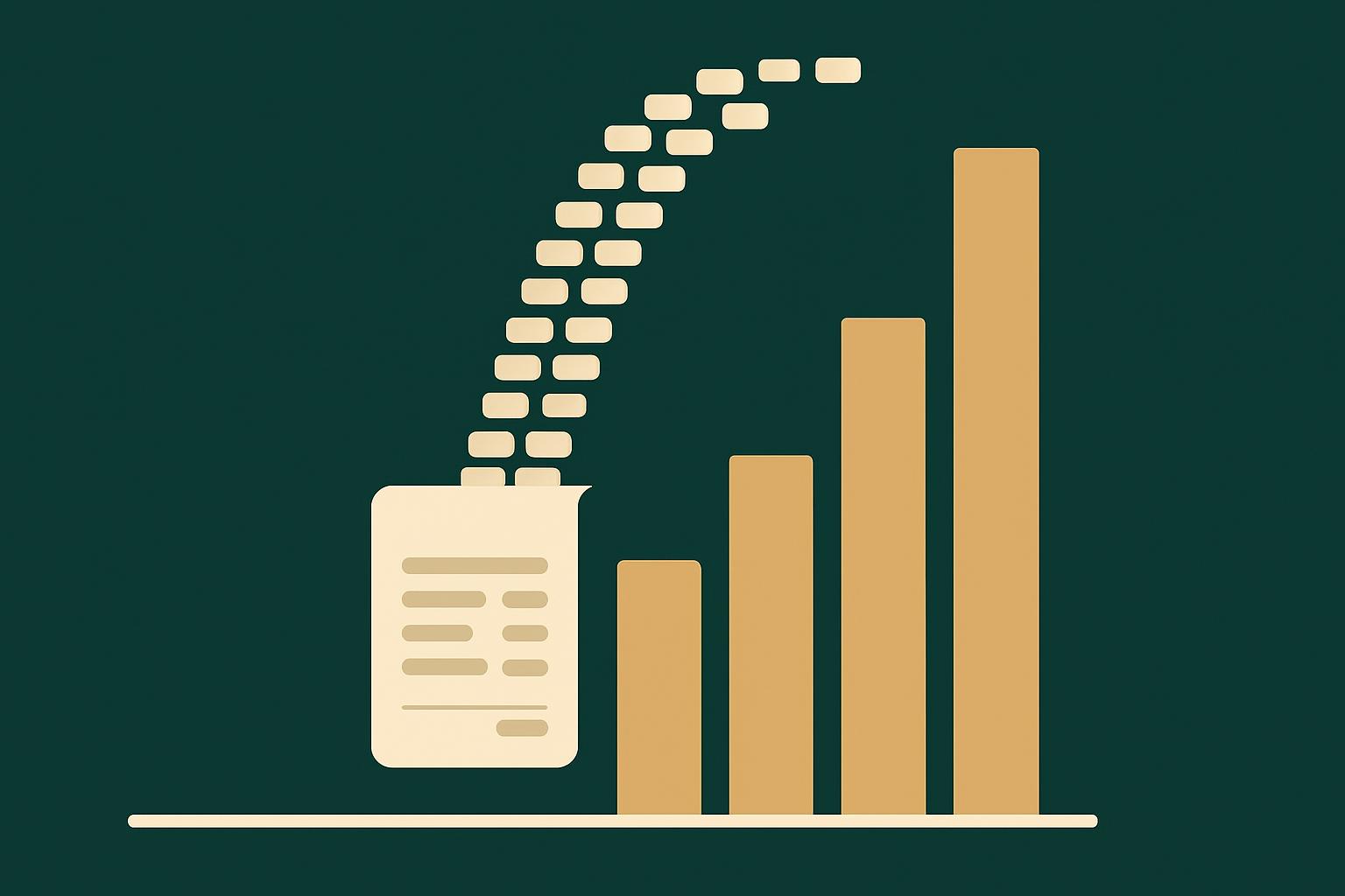 Flat illustration of a receipt emitting a stream of product-meter tiles that stack into a rising gold cost chart on a flat free-tier baseline, deep green and gold.