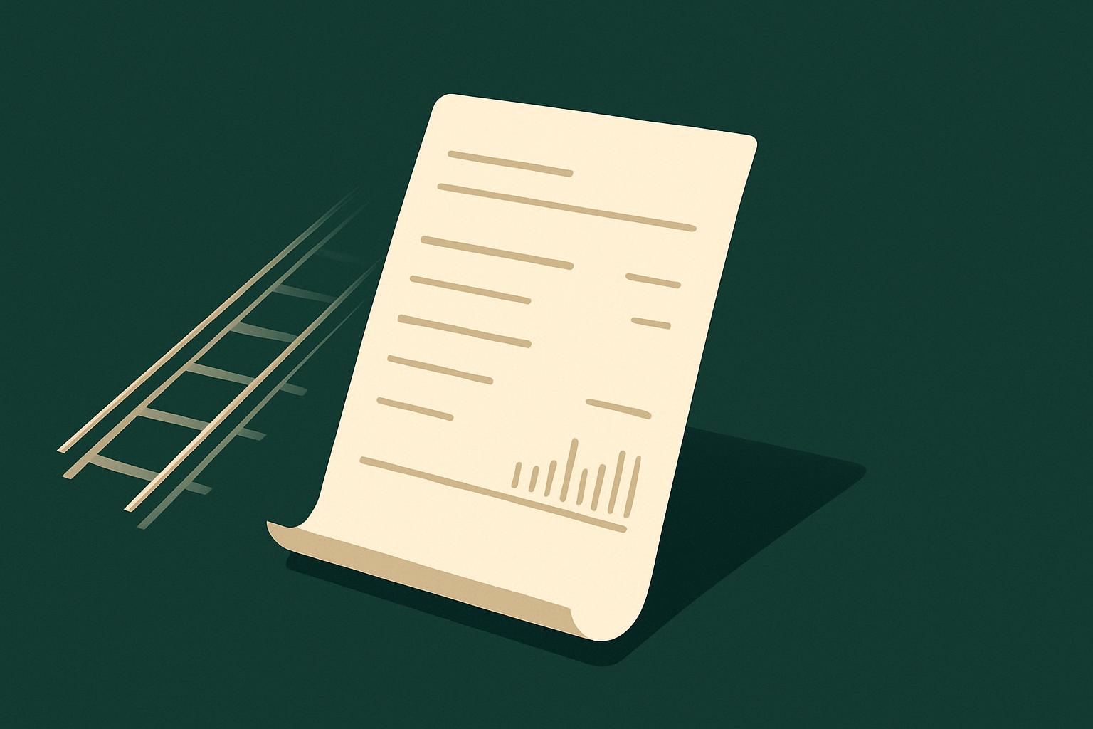 Flat illustration of a metered billing ledger with a subtle railway-track motif, deep green and cream, representing Railway usage-based pricing