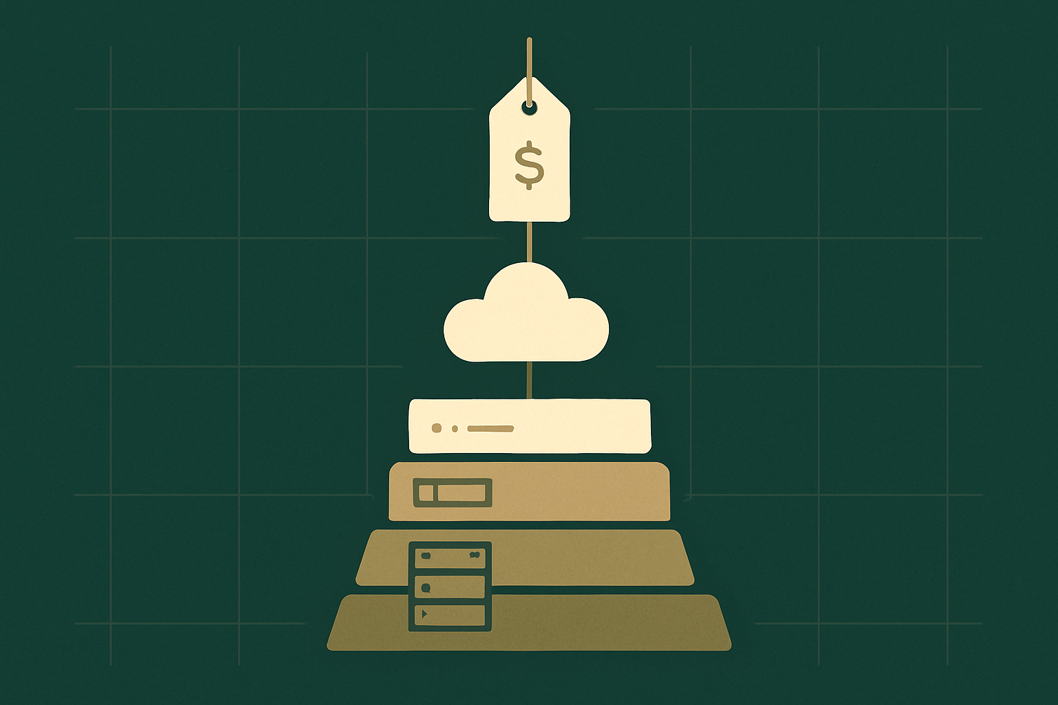 Deep green editorial illustration of a price tag connected to a stacked cost ladder representing the layers of a Render cloud bill