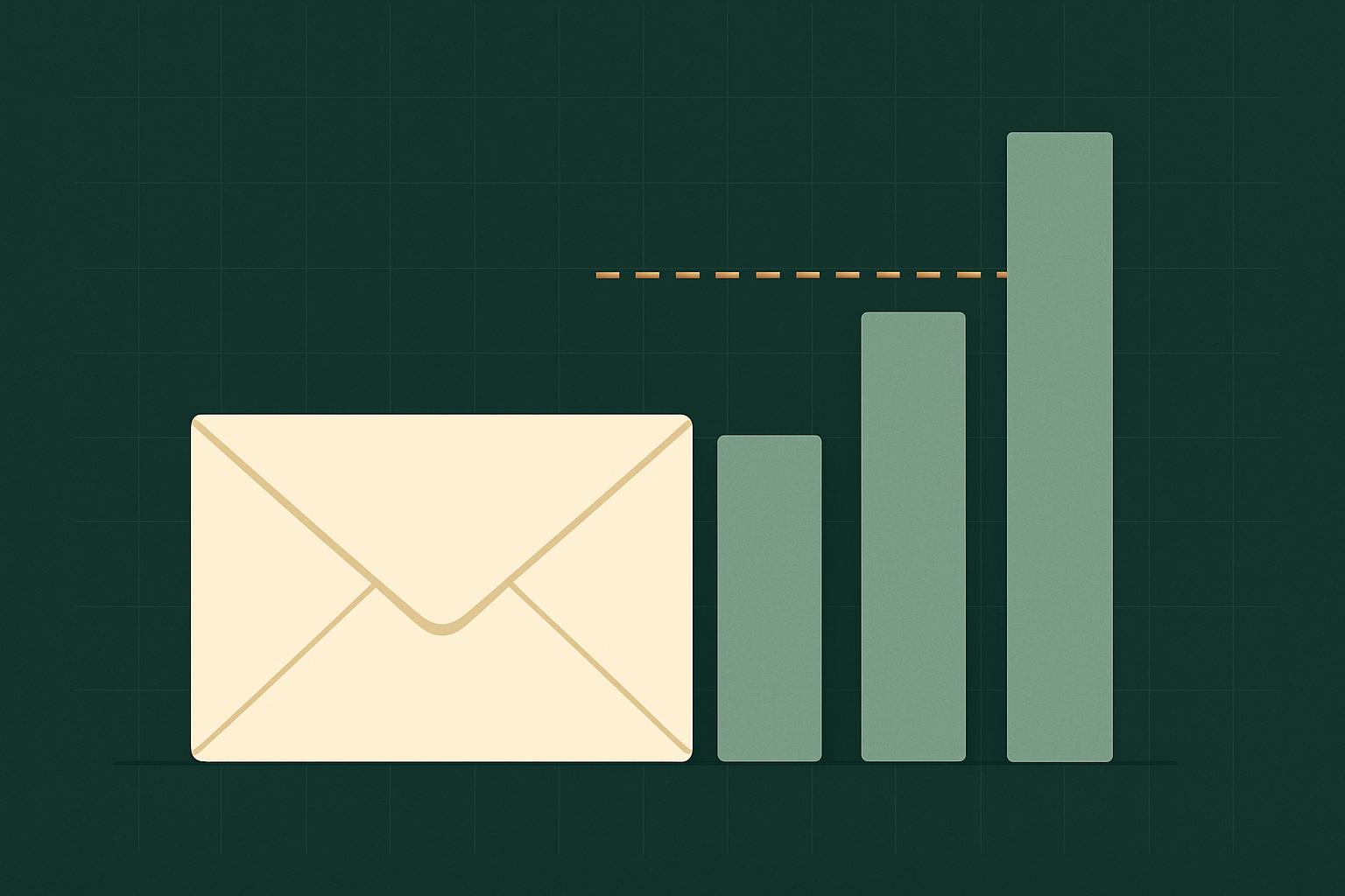 Flat illustration of a cream envelope beside rising cost bars crossing a dashed overage threshold line, on a deep green background