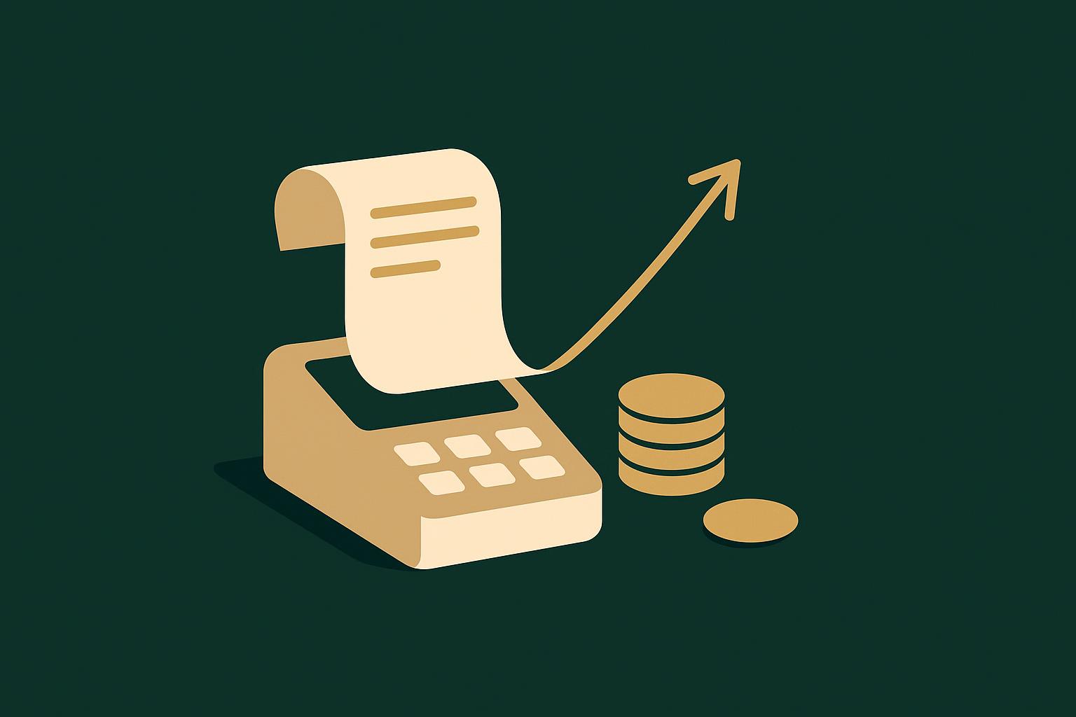 Flat illustration of a receipt curling out of a card terminal beside a coin stack and a rising cost arrow, deep green and gold