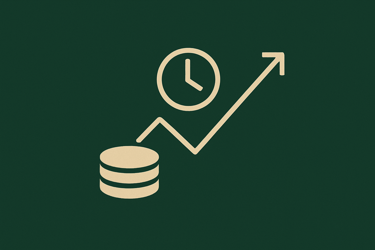 Minimalist deep-green editorial illustration of a rising line chart over coin stacks fused with a stopwatch, evoking billing by the second.
