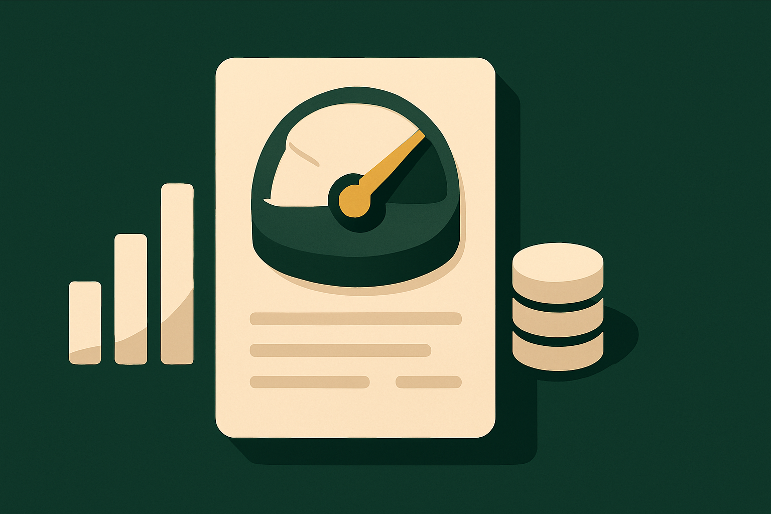 Deep green editorial illustration of a monthly database invoice with an oversized usage meter pinned near its maximum