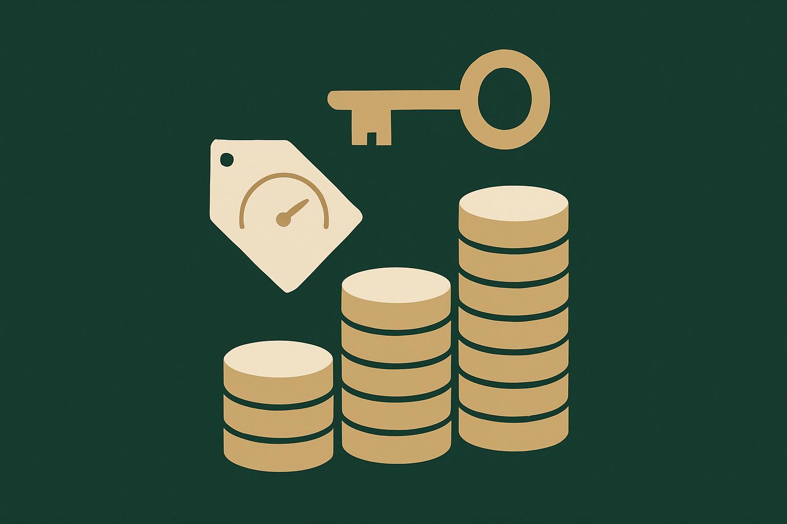Rising staircase of cream and gold coin stacks with a key icon and a price tag on a deep forest-green background, representing Unkey's tiered API pricing