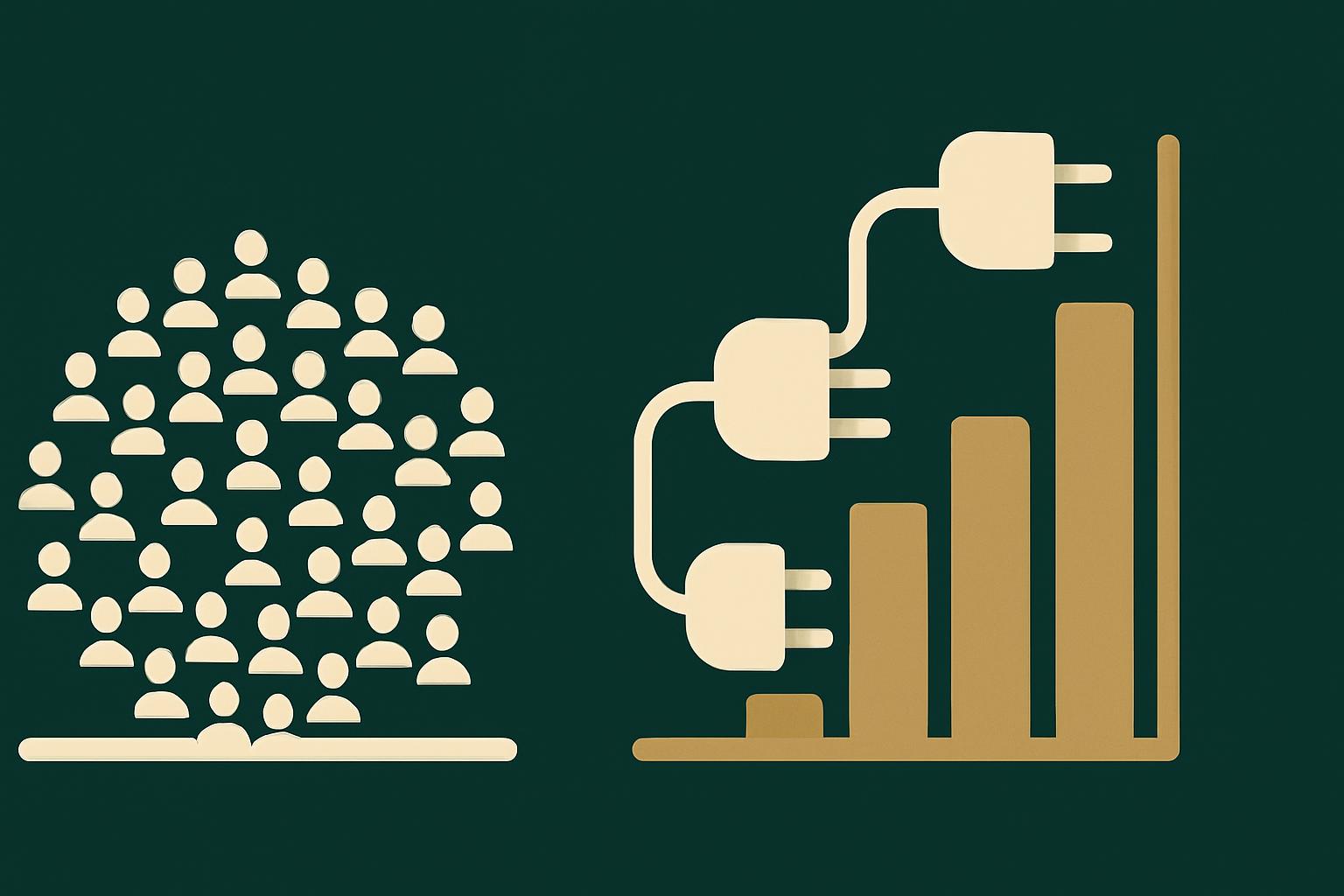 Illustration contrasting a crowd of free WorkOS users with a few paid enterprise connections driving a rising cost chart